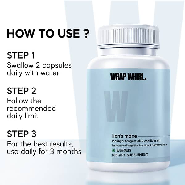 Wrap Whirl Pure Lion's Mane Caps: Powered with Moringa, Tongkat Ali & Cod Liver Oil